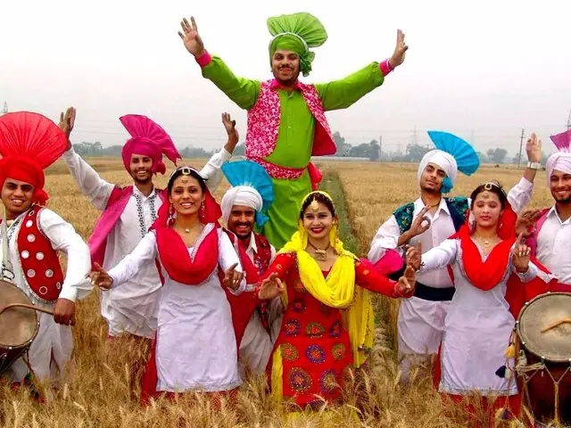Punjabi folk dancers mid-performance in a field