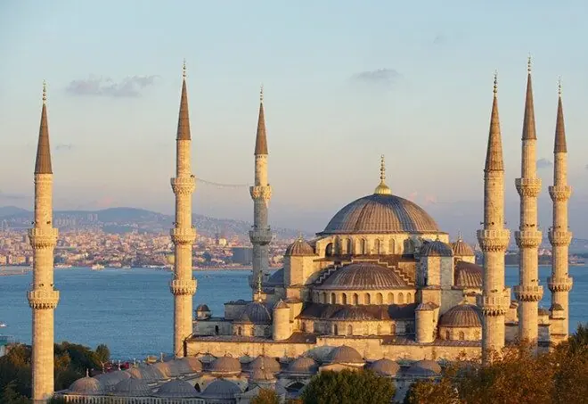 The domes and minarets of the Blue Mosque in Istanbul