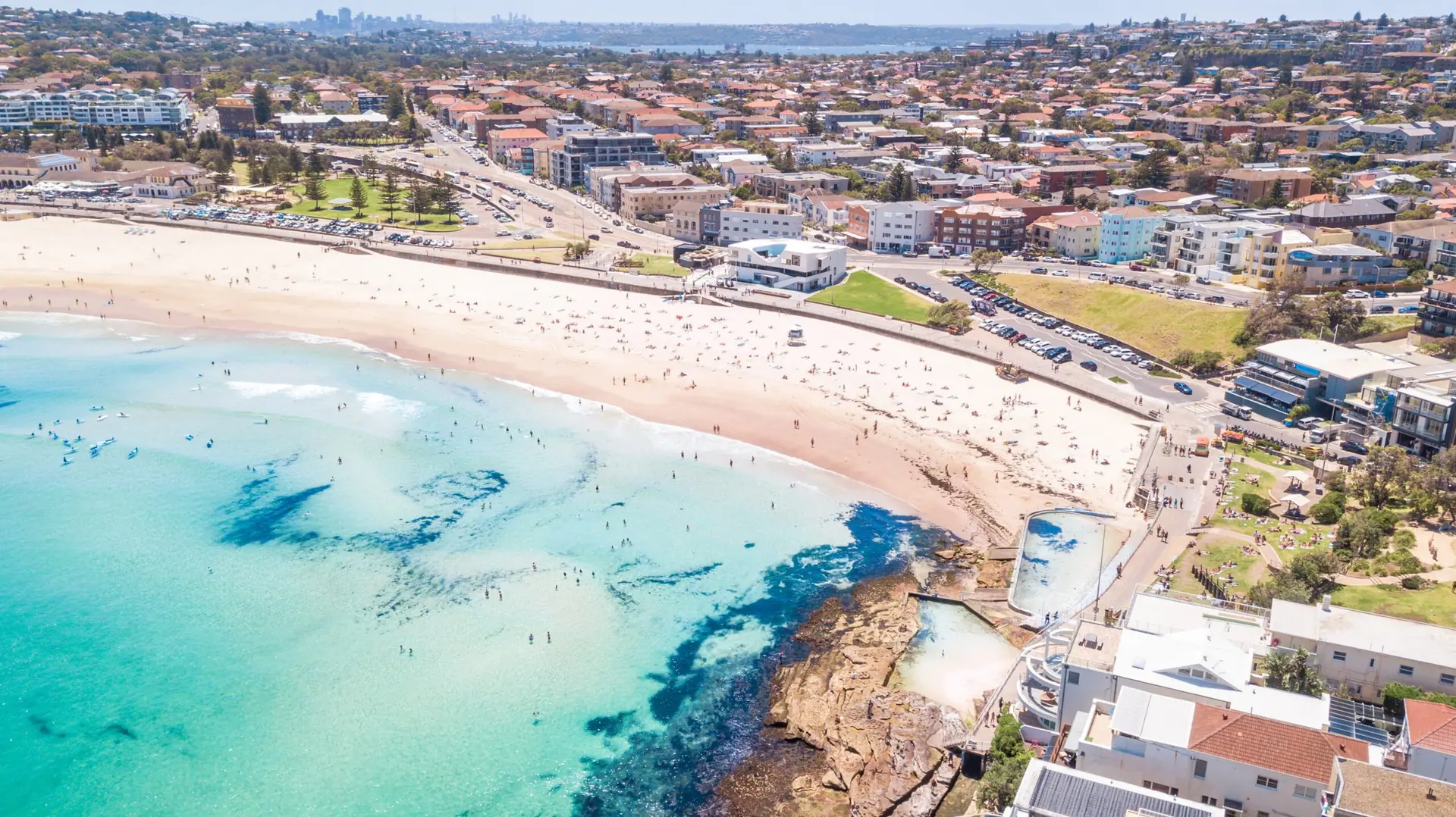 Bondi Beach and its surf from the air, Sydney