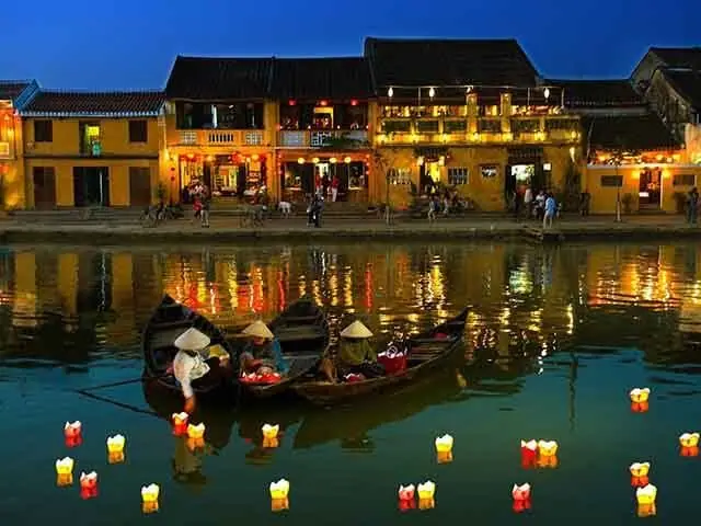 Lantern boats on the river at Hoi An after dark